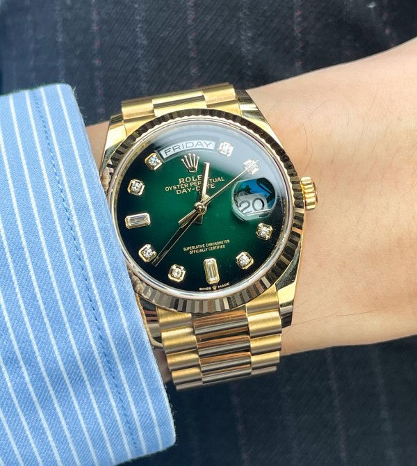 Rolex oyster perpetual cheap day date gold green