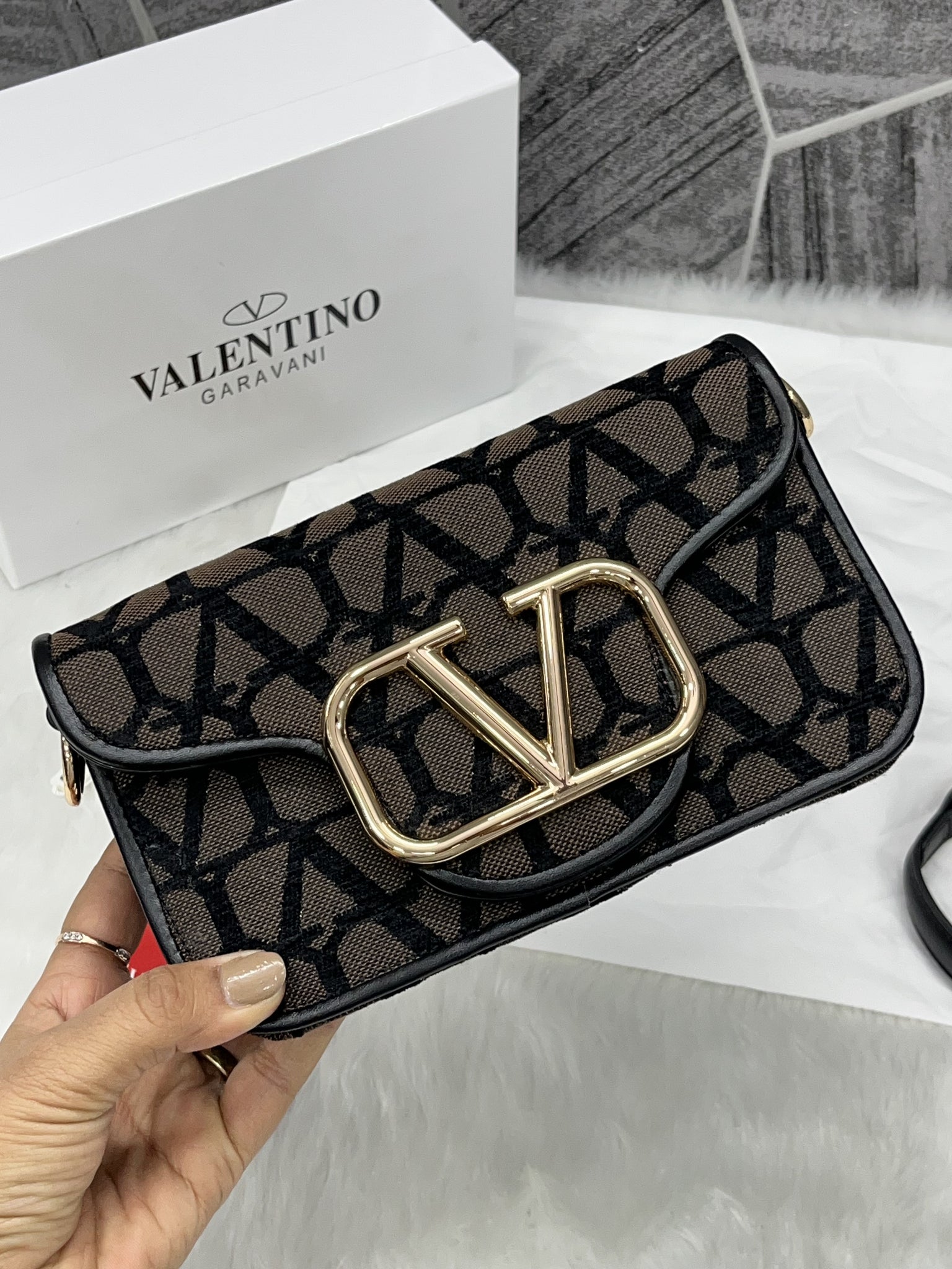 Valentino V Lock Coffee Small Shoulder Bag